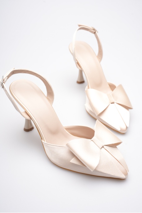 Kadın Bej Fiyonklu Saten Slingback Topuklu Ayakkabı TR40MS01B