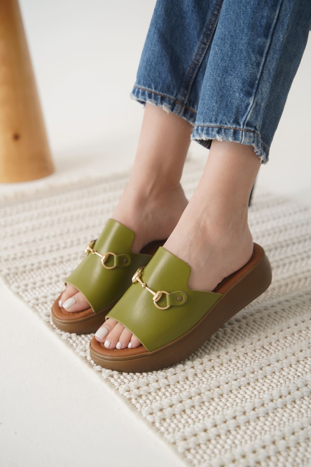 Haki Yeşili Hakiki Deri Terlik TR31MY62G