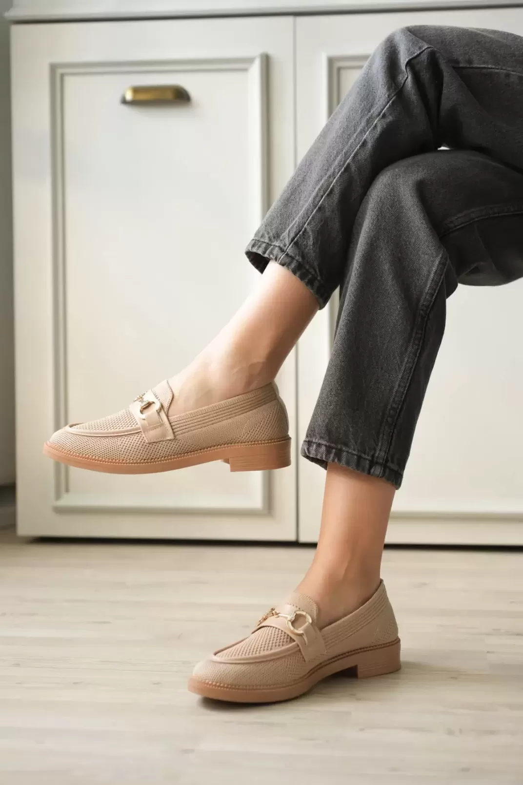 Bej Kadın Loafer Metal Tokalı Rahat Günlük Ayakkabı TR30MS02B