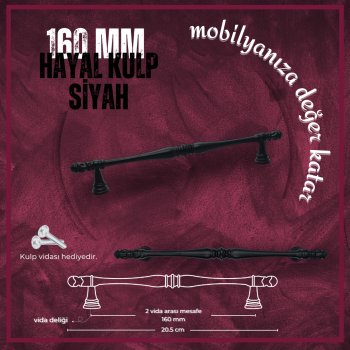 Hayal Mobilya Kulp | Siyah Renk, 160 mm Vida Aralığı | Modern ve Minimalist Tasarım