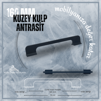 Kuzey Mobilya Kulp | Antrasit Renk, 160 mm Vida Aralığı | Modern ve Şık Tasarım