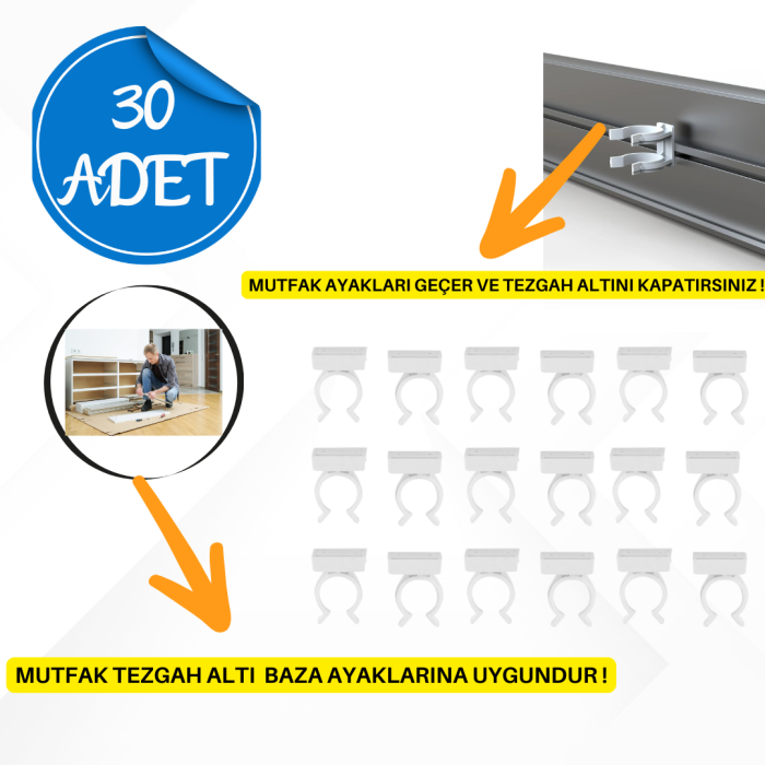 Baza Klipsi – Mutfak Tezgah Altı Montajı için Pratik Çözüm (30 Adet Paket)