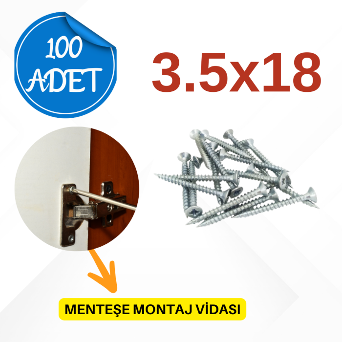 3.5x18 Sunta Vidası | Menteşe Montajı ve Ahşap İşler İçin | 100lü Paket
