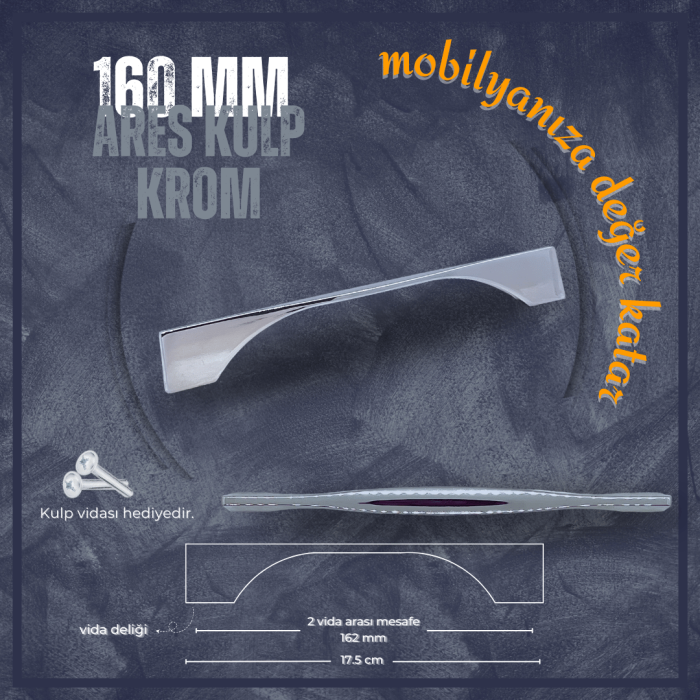 Ares Mobilya Kulp | Krom Renk, 160 mm Vida Aralığı | Modern ve Şık Tasarım