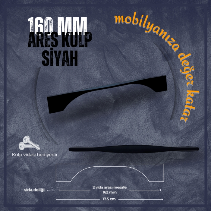Ares Mobilya Kulp | Siyah Renk, 160 mm Vida Aralığı | Modern ve Minimalist Tasarım