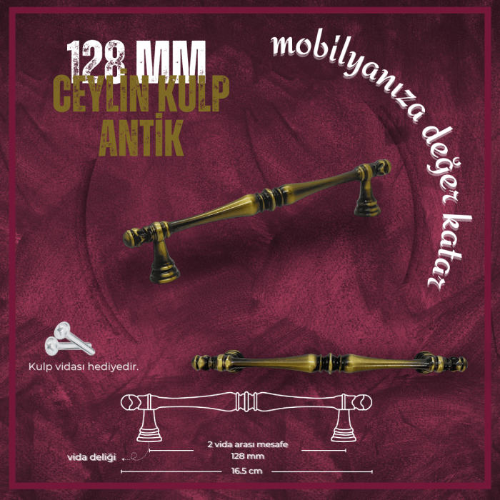 Ceylin Dolap Kulp | Antik Sarı Renk, 128 mm Vida Aralığı | Klasik ve Zarif Tasarım