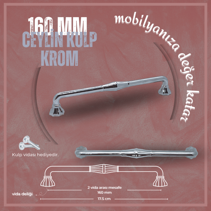 Ceylin Dolap Kulp | Krom Renk, 160 mm Vida Aralığı | Modern ve Şık Tasarım