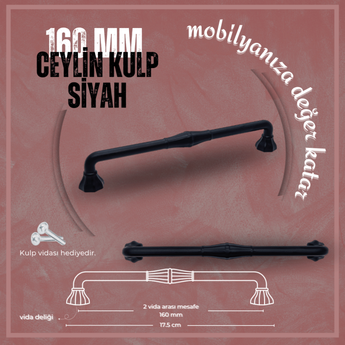 Ceylin Dolap Kulp | Siyah Renk, 160 mm Vida Aralığı | Modern ve Minimalist Tasarım