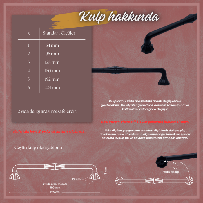 Ceylin Dolap Kulp | Siyah Renk, 160 mm Vida Aralığı | Modern ve Minimalist Tasarım