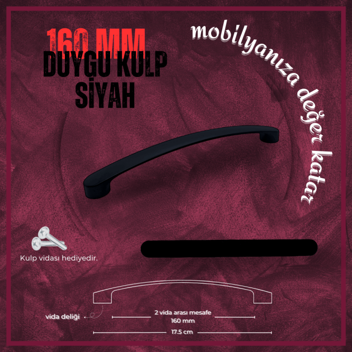 Duygu Dolap Kulp | Siyah Renk, 160 mm Vida Aralığı | Modern ve Şık Tasarım