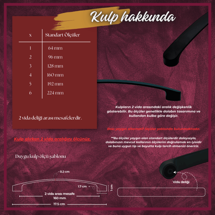 Duygu Dolap Kulp | Siyah Renk, 160 mm Vida Aralığı | Modern ve Şık Tasarım