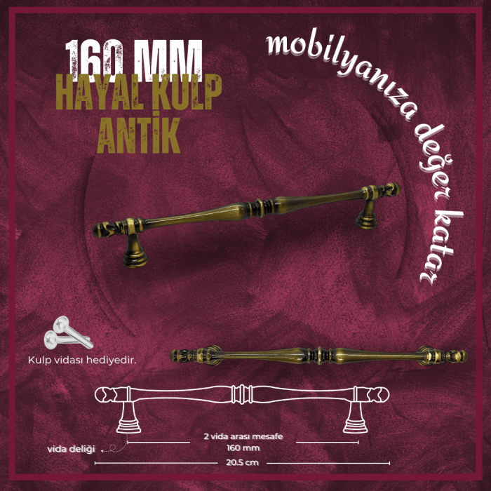 Hayal Mobilya Kulp | Antik Sarı Renk, 160 mm Vida Aralığı | Lüks ve Şık Tasarım