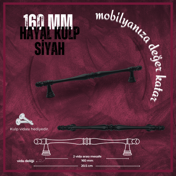 Hayal Mobilya Kulp | Siyah Renk, 160 mm Vida Aralığı | Modern ve Minimalist Tasarım