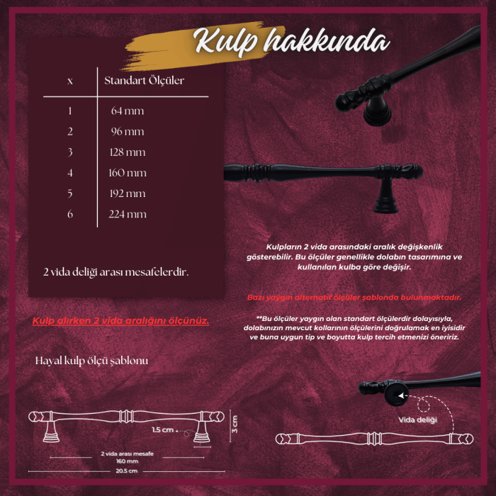 Hayal Mobilya Kulp | Siyah Renk, 160 mm Vida Aralığı | Modern ve Minimalist Tasarım