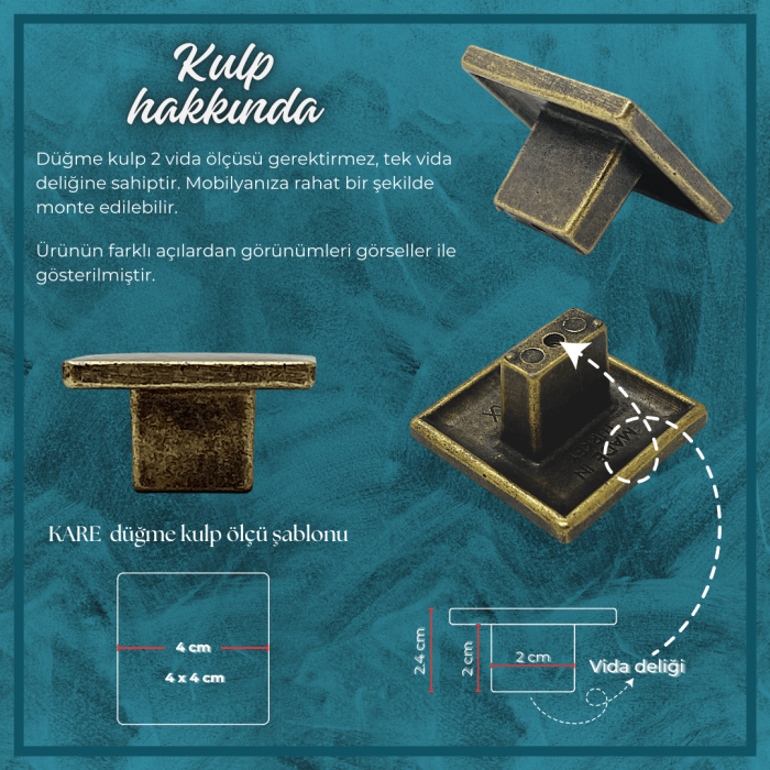 Kare Düğme Kulp | Antik Sarı Renk | Tek Vida Montajlı Şık ve Pratik Tasarım