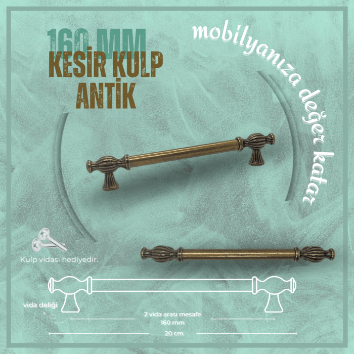 Kesir Mobilya Kulp | Antik Sarı Renk, 160 mm Vida Aralığı | Lüks ve Şık Tasarım