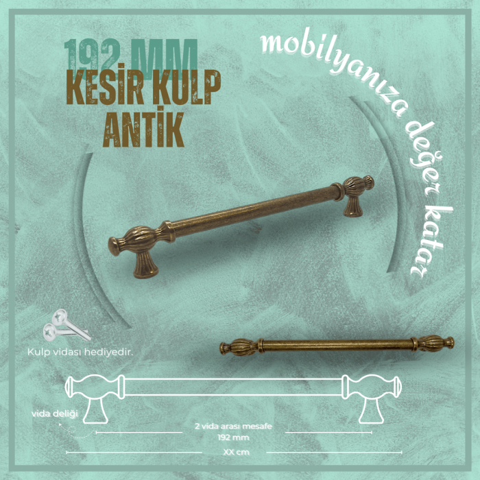 Kesir Mobilya Kulp | Antik Sarı Renk, 192 mm Vida Aralığı | Lüks ve Şık Tasarım