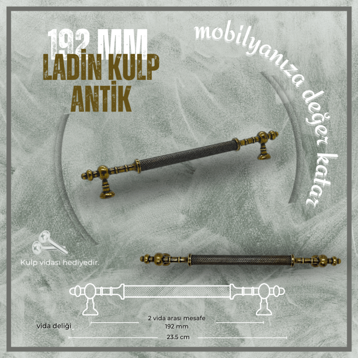 Ladin Mobilya Kulp | Antik Sarı Renk, 192 mm Vida Aralığı | Lüks ve Şık Tasarım