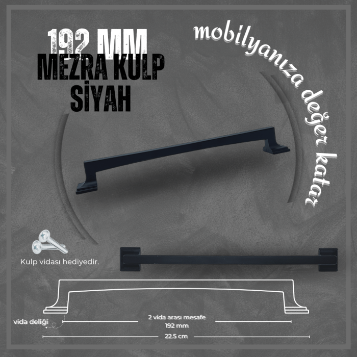 Merza Mobilya Kulp | Siyah Renk, 192 mm Vida Aralığı | Modern ve Şık Tasarım