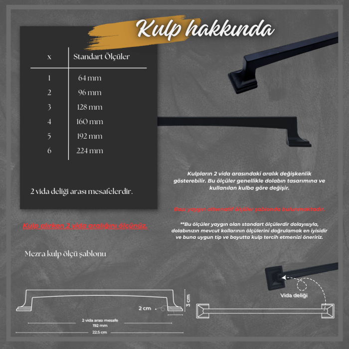 Merza Mobilya Kulp | Siyah Renk, 192 mm Vida Aralığı | Modern ve Şık Tasarım