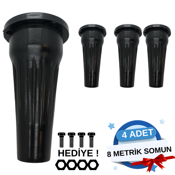 12 CM SİYAH DESTAN MOBİLYA AYAĞI - SUNTA VİDALI & METRİK 8 SOMUNLU MONTAJ SEÇENEĞİ|4 ADET