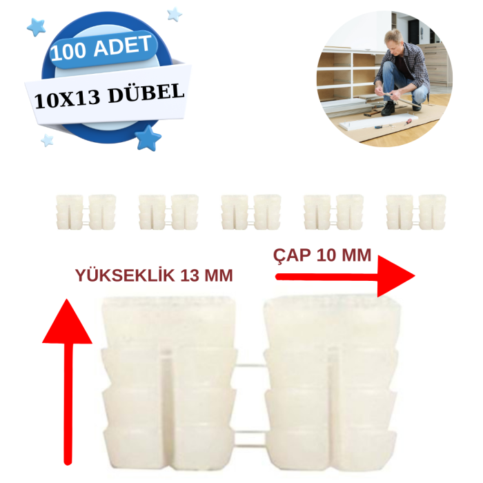 10mm Çap x 13mm Yükseklik Plastik Şerit Dübel|100 Adet - Minifiksler İçin Pratik ve Dayanıklı Montaj Çözümü