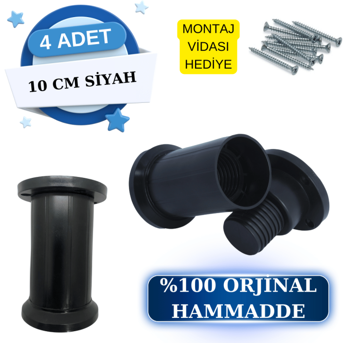 Liz Siyah 10 cm Mobilya Ayağı|4 Adet - Orijinal Plastik, Şık ve Modern