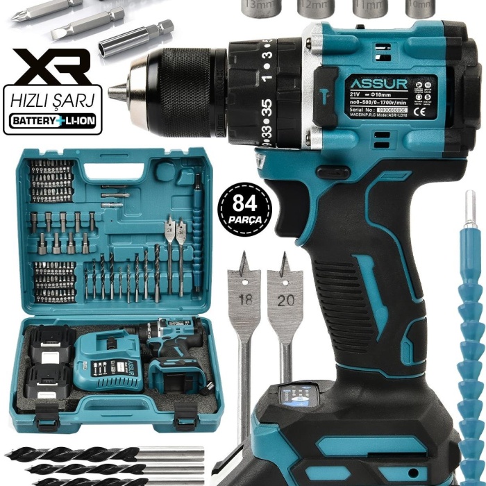 Assur 131 Çift Akülü Vidalama Matkabı - 21V, 1500mAh, 84 Parça Set