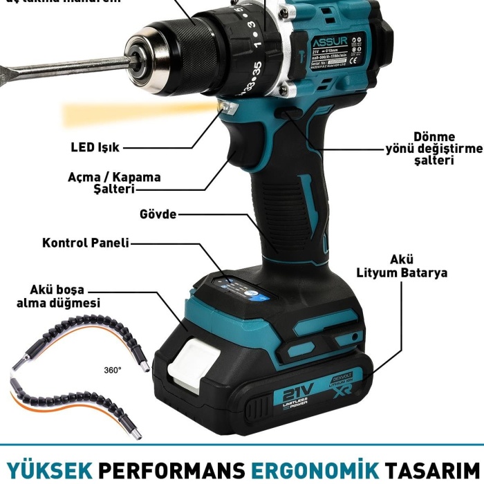 Assur 131 Çift Akülü Vidalama Matkabı - 21V, 1500mAh, 84 Parça Set