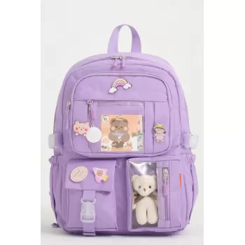 Kore Tarzı Okul Çantası Aksesuarlı Kız Çocuk Ve Erkek Çocuk Sırt Çantası Lila
