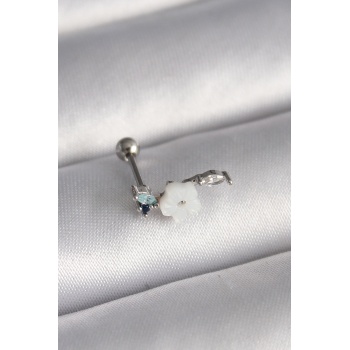 316l Çelik Gümüş Renk Zirkon Taş Detay Beyaz Çiçek Model Tragus Piercing - Tj-pr1357