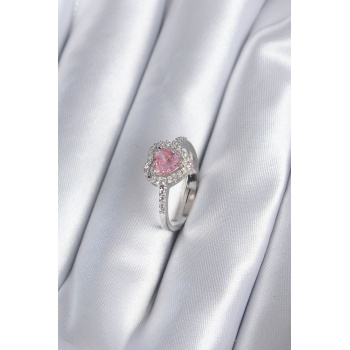 Pirinç Gümüş Renk Pembe Zirkon Taş Kalp Charm Model Kadın Yüzük - Tj-byk2859