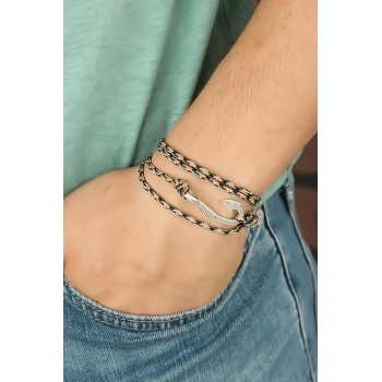 Krem Renk Çizgi Desenli Metal Kancalı Erkek Bileklik - Tj-eb2244-ks