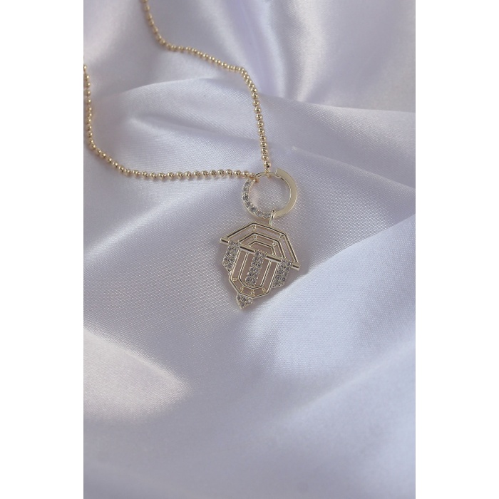 Pirinç Zirkon Taşlı Gold Renk Oval Detaylı Serenay Kolyesi - Tj-bko8838