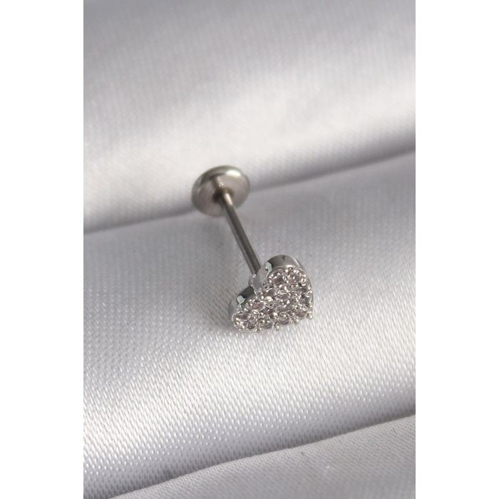 316l Çelik Gümüş Renk Zirkon Taşlı Kalp Model Tragus Piercing - Tj-pr1347
