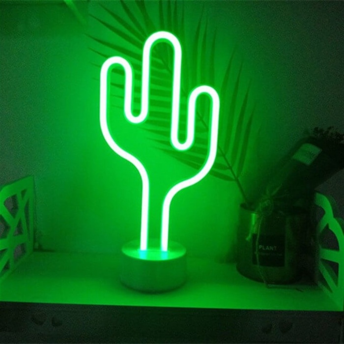 Neon Işıklı Kaktüs Masa Gece Lambası Usb Ve Pilli