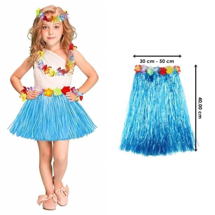 Yetişkin Ve Çocuk Uyumlu Mavi Renk Püsküllü Hawaii Luau Hula Etek 40 Cm
