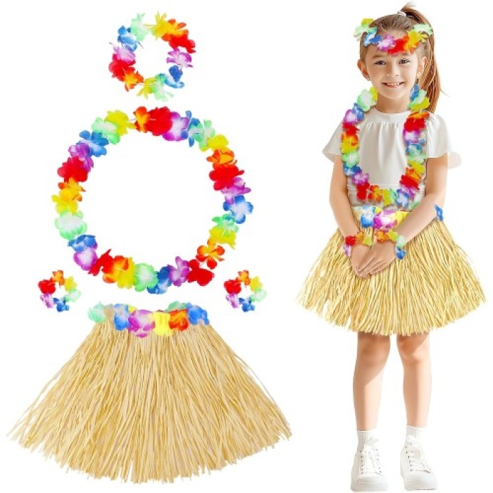 Yetişkin Çocuk Hawaii Parti Seti - 40 Cm Naturel Etek + Çiçek Aksesuarlar (5 Parça)