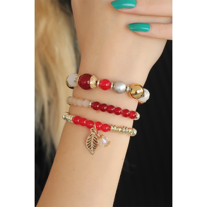 Bordo Kırmızı Boncuklu Bayan Bileklik - Tj-bb2650-ks