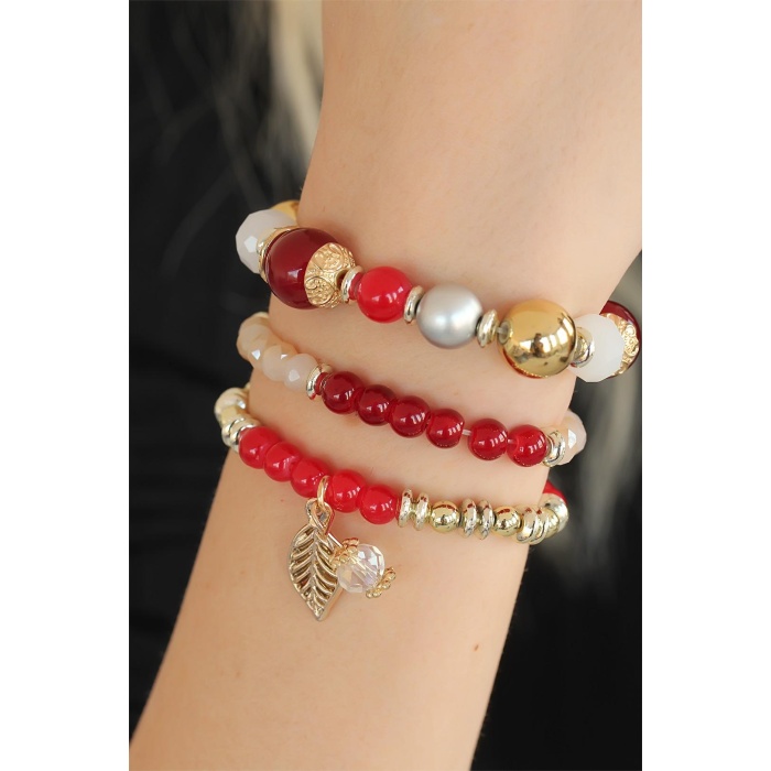 Bordo Kırmızı Boncuklu Bayan Bileklik - Tj-bb2650-ks
