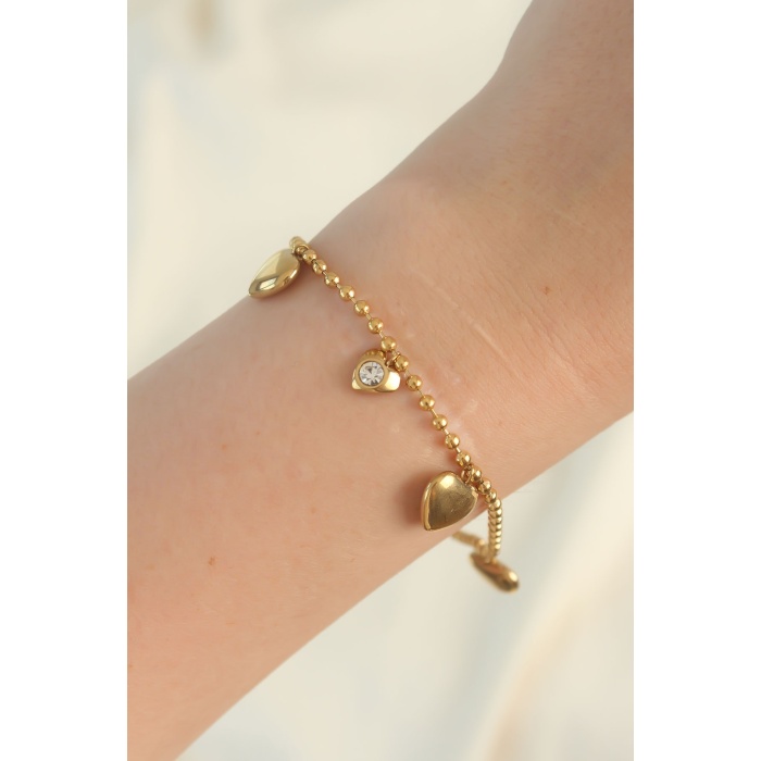 316l Çelik Gold Renk Zirkon Taşlı Kalp Model Bileklik - Tj-bb6098