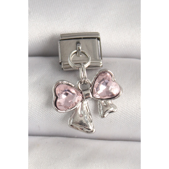316l Çelik Gümüş Renk Pembe Zirkon Taşlı Fiyonk Model Nomination Charm - Tj-bc1298