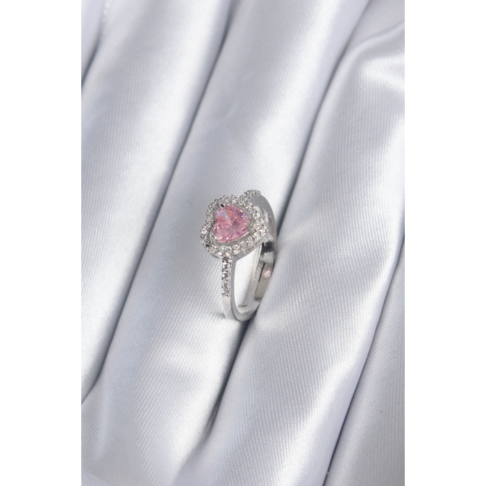 Pirinç Gümüş Renk Pembe Zirkon Taş Kalp Charm Model Kadın Yüzük - Tj-byk2859