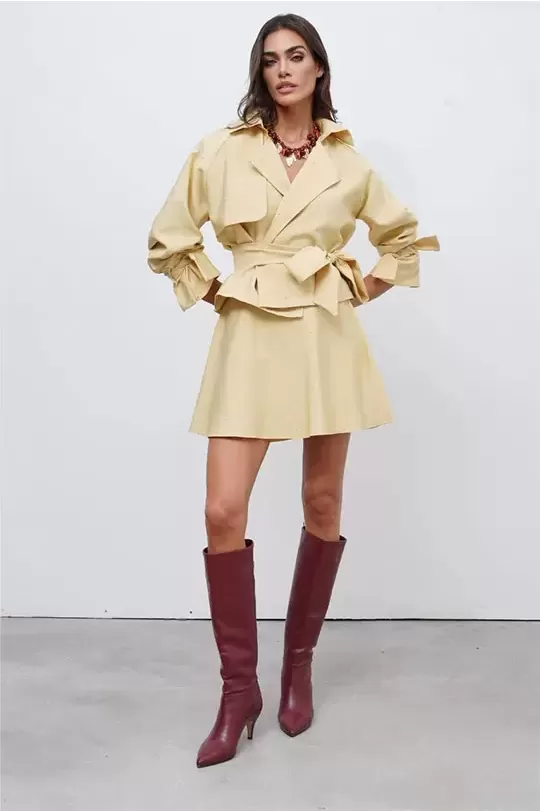 Sarı Taşlı Tasarım Ceket Etek Takım