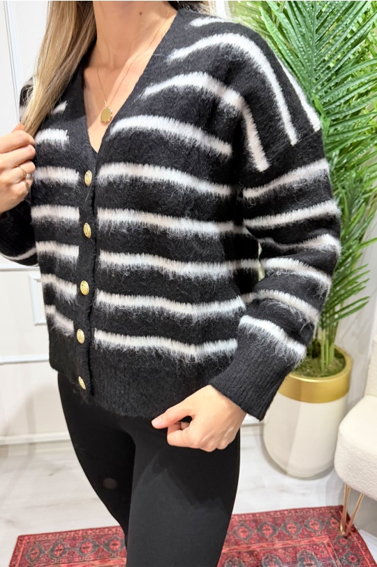 Siyah Beyaz Çizgili Triko Hırka