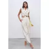 Ekru Taşlı Yüksek Bel Kemerli Yelek Pantolon Takım