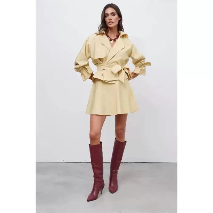 Sarı Taşlı Tasarım Ceket Etek Takım