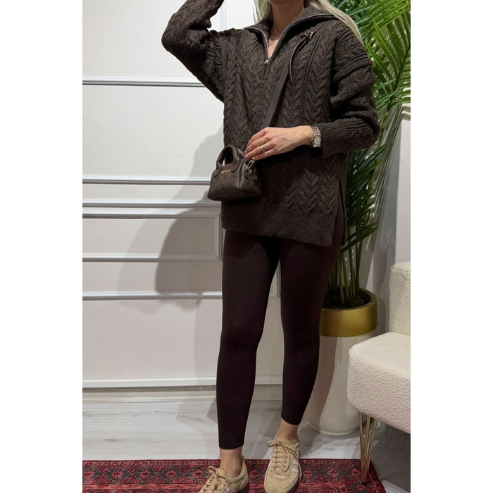 Fermuarlı Kahve Triko Kazak