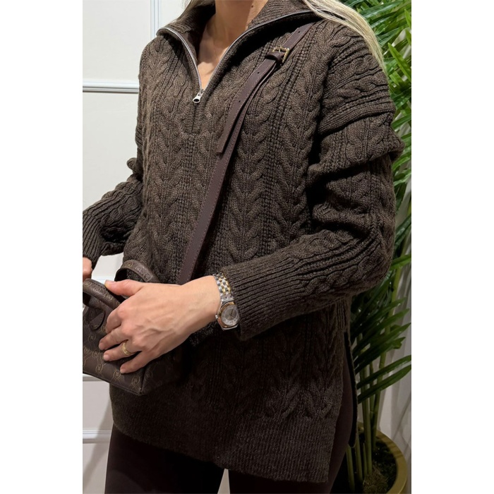 Fermuarlı Kahve Triko Kazak