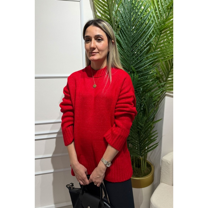 Kırmızı Kırçıllı Triko Kazak